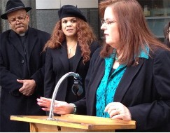 Author Cheryl Sullenger gives remarks during a press conference outside the courthouse in Philadelphia during the Kermit Gosnell murder trial. Other participants include Pastor Clenard Childress of LEARN, left, and Day Gardner of the National Black Pro-Life Union. High-resolution version available.